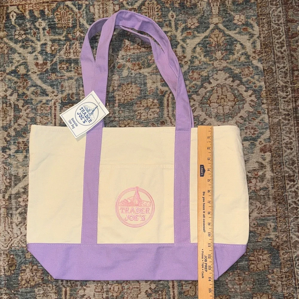 Trader Joe’s Cream and Lavender Large Canvas Tote Bag NWT - Picture 2 of 4